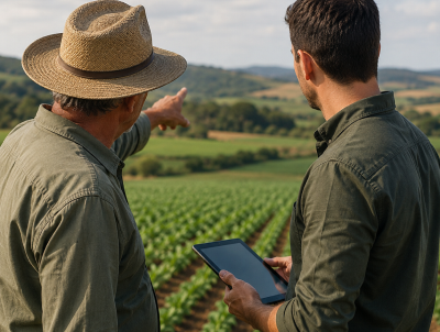 Produtores analisando informações da lavoura